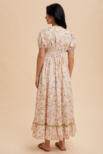 Pink Coral Multi Bow Detail Floral Contrast Puff Dress