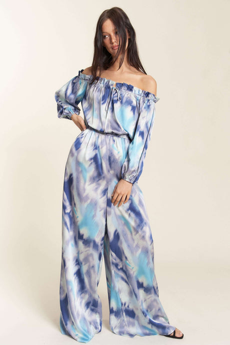 Blue Combo Offshoulder Tiedye Satin Jumpsuit