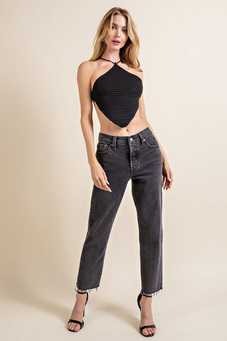 Blk Sweater Knit Triangle Crop Halter Top