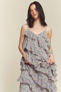 Sage Combo Floral Rufflr Spaghetti Strap Maxi Dress