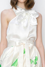 Green Flower Print Pleated Maxi Skirt with Waist Ribbon