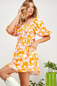 Orange Multi Open Tie Back Balloon Sleeve Sweatheart Dress