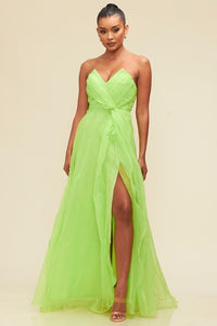 Lime Organzza V Neckline Maxi Dress