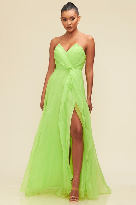 Lime Organzza V Neckline Maxi Dress
