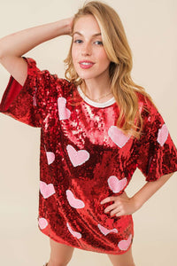 Red/Pink VALENTINES DAY Heart Print Sequin Tunic Top