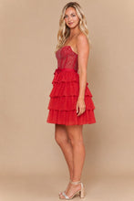 Red Corset Tiered Glitter Mini Dress With Waist Bow