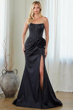 Black Elegant Strapless Satin Trumpet Dress With 3D Rosette