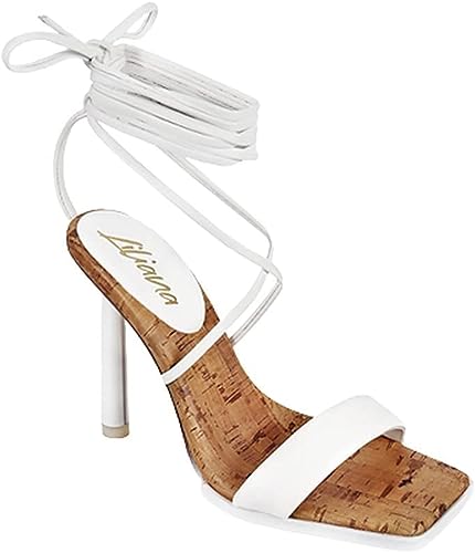 White Square Toe Cap W/Pencil Heel Tie Up Strap