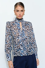 White/Blue Leopard High Neck Long Sleeve Blouse