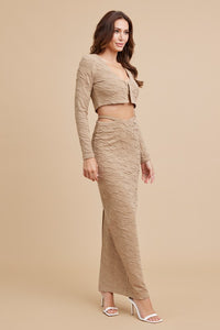 Taupe 3pc Set Of Top Cardigan And Skirt