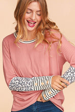 Mauve/Grey/Ivory Rib Leopard Print Stripe Color Block Knit Top