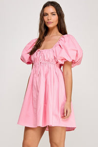 Pink Square Neck Bubble Sleeve Mini Dress