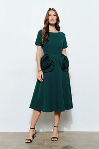 Emerald Elegant Rose Applique A-line Midi Dress