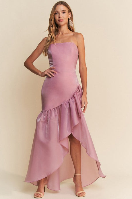 Dusty Pink Ruffle Asymmetrical High Low Dress