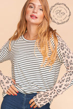 Ivory/Black/Blush Plus Stripe Leopard Print Thumb Hole Knit Top