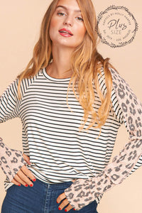 Ivory/Black/Blush Plus Stripe Leopard Print Thumb Hole Knit Top