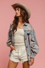Floral Print Washed Denim Shacket With Side Pocket