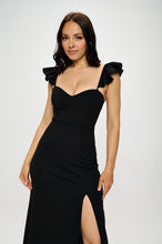 Black Ruffle Strap Dress With Leg Slit