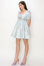 Blue Square Neck Jacquard Glitter Baby Doll Mini Dress