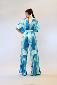 Blue Combo V-Neck Drop Shoulder W/ O-Ring Attached Pleated Jumpsuit