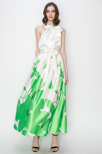 Green Flower Print Pleated Maxi Skirt with Waist Ribbon