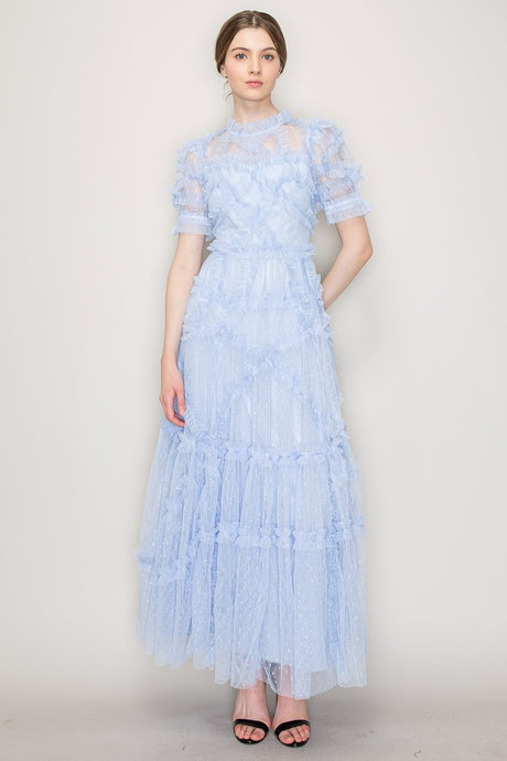 Lt.Blue Short Sleeves Dotted Tulle Ruffle Maxi Dress