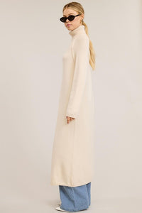 Ecru Turtleneck Tunic Sweater Dress With Slit