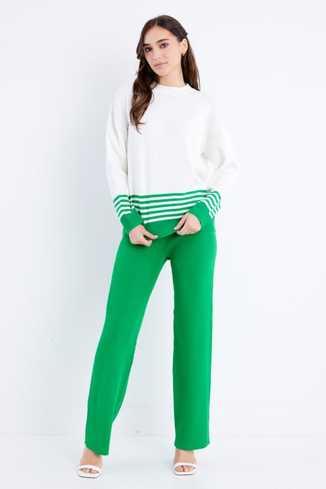 White/Green Knit Long Sleeve Stripe Top And Pants Set