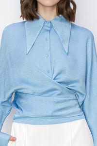 Blue Satin Wrap Cross Knot Detail Shirt Top