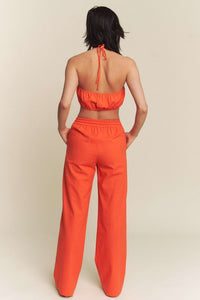 Orange Linen Halter Tie Top With Matching Pants Set