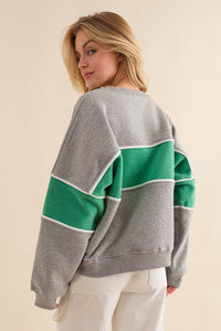 H.Grey/Green Long Sleeve Color Block Crew Neck Sweatshirts