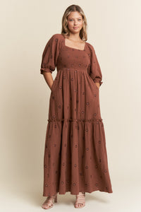 Chocolate Floral Embroidered Tiered Maxi Dress