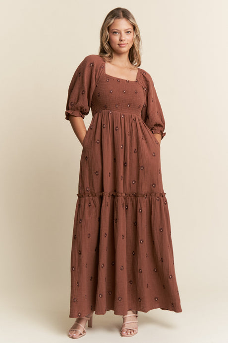 Chocolate Floral Embroidered Tiered Maxi Dress