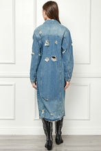 Med Wash Distressed Long Denim Jacket