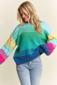 Green Puff Sleeve Ombre Sweater Top