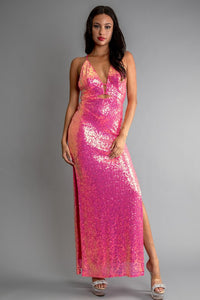 Pink Multi Color Sequin Halter Neck Deep V-Neck Keyhole