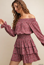 Burgundy Smocked Neckline Mini Dress With Tiered Layers