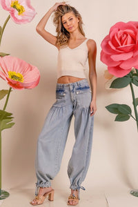 Lt Denim Washed Denim Wide Leg Pants With Tie Hem Detail