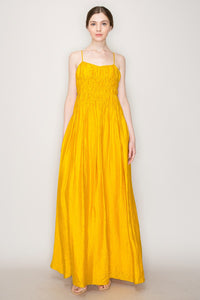 Mustard Satin Ruched Detailing Sleeveless Maxi Dress