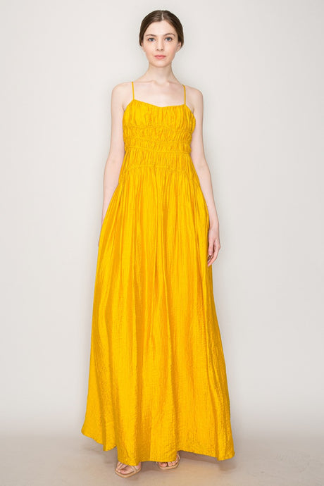 Mustard Satin Ruched Detailing Sleeveless Maxi Dress