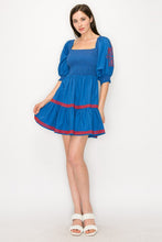 Blue/Wine Square Neck Smocked Embroidered Puff Sleeve Mini Dress