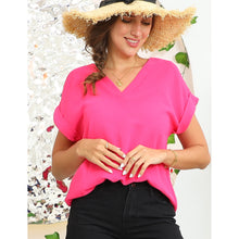 Fuchsia V Neck Trim Rolled Short Sleeve Shirts Blouse Top