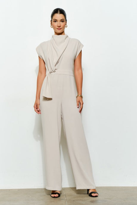 Cream High Neck Draped Waist Cap Sleeve Jumpsuit
