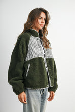 Olive Multi Quilted Plaid Sherpa Fleece Snap Jacket