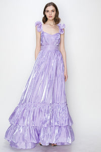 Lavender Shimmery Woven Ruffle Shoulder Tiered Maxi Dress