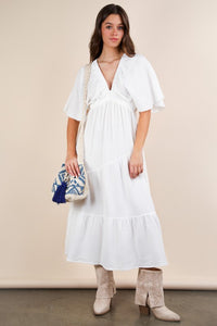 White Mineral Washed Elastic Neck Detail Midi Dress