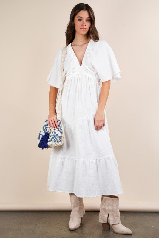 White Mineral Washed Elastic Neck Detail Midi Dress