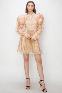 Peach /Gold Lace Mutton Sleeve Mini Dress