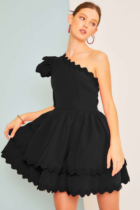 Black One Shoulder Scallop Edge Trim Solid Dress