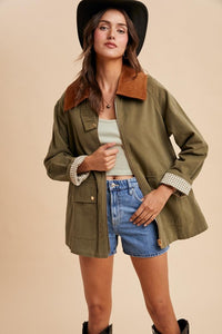 Light Olive Corduroy Collared Cotton Chore Jacket